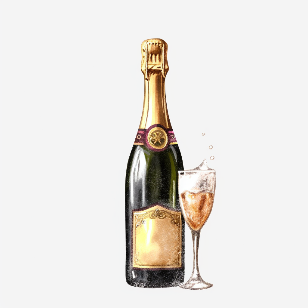 create a hand drawn watercolor clipart of a champagne bottle, white ...