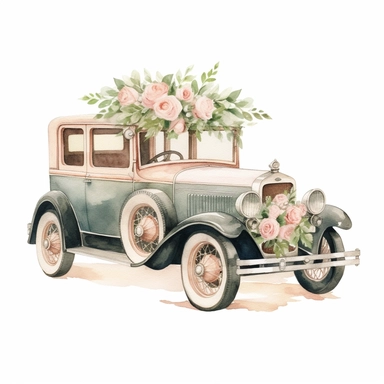 Vintage Wedding Car Clipart: This watercolor piece depicts a vintage car decorated with soft pastel roses and ivy, ready for the rustic wedding getaway.