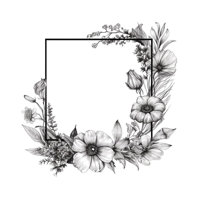modern, minimalistic set of wildflowers in the shape of one giant simple square frame with a huge opening in the middle, in the style of black and white handdrawning on a clean white background, wedding clipart