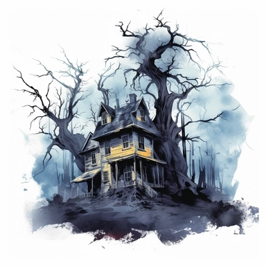 scary haunted house, dead trees, watercolor, clipart, white background, grotesque, sketchfab, under the moonlight, eerie color scheme, creepy color palette