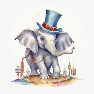 hand drawn Disney’s dumbo the elephant, 1920’s circus, glamorous, very detailed and realistic, watercolor, clipart style, white background with margins