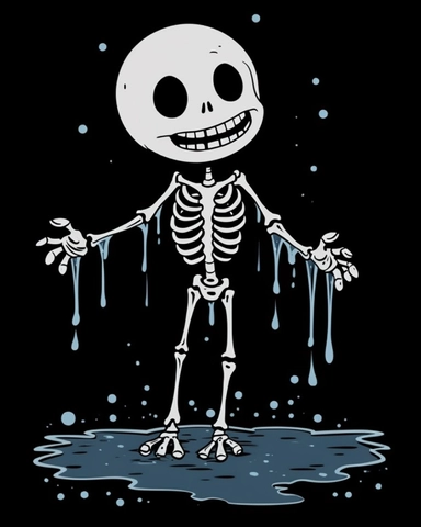 cartoon, clipart, vector art, minimal, commercial, sharp, black and white, 2d, no color, skeleton smiling happily at the sky while sinking into a puddle up to neck level in adventure time style