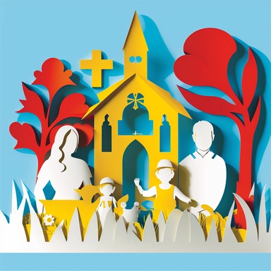 paper-cut clipart, isolated with white background, Happy Asian family mom, and dad smiling , and a child laughing with a puppy, sitting on the grass , primary color is yellow, blue and red, bright atmosphere, flat illustration, story telling, James jean ,high resolution, church with a cross on top backgrounds