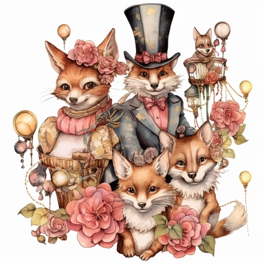 Steampunk Birthday Party Animal Clipart, rose and gold colors, Steampunk, watercolor, sweet, happy, high resolution, transparent white background no captions