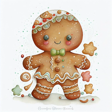 A watercolor painting of cute christmas gingerbread man, christmas gingerbread man, christmas gingerbread, cute detailed digital art, inspired by nicoletta ceccoli, by Kubisi art, whimsical and cute, by nicoletta ceccoli, cute detailed artwork, glimmering, adorable and whimsical, whimsical art, Clipart style, png style, svg style, blank white background, a solid white background