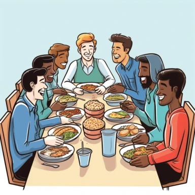 a multicultural lunch between coworkers where veryone brings a meal from their cultural origins. The image has a clear colored background and some white space on top of the image. The ethnicities must be equally divided in number. No sign of religion allo