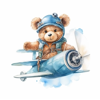 watercolor baby bear in cute blue clothes flying with plane clipart with white background