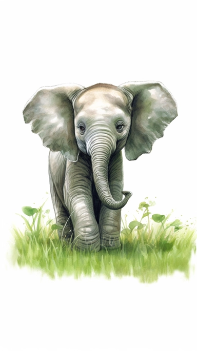 worlds cutest, adorable, realistic, life like image of a baby elephant with his trunk raised in the air and standing in a green grassy field and pond, watercolor clip art, white background ,artist rendition, sharp focus, extreme detail,