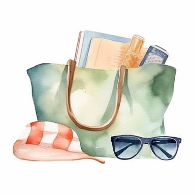 Watercolor A stylish beach bag filled with essentials like a towel, sunglasses, and a book clipart, Minimalist, isolated white background, 8k