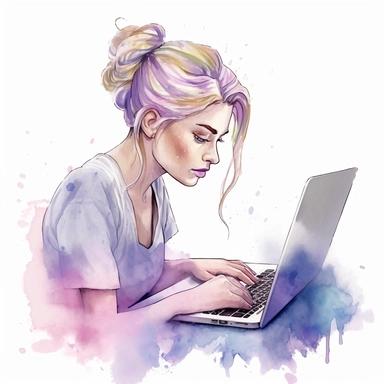 girl working on laptop, in the style of watercolor illustrations, pink and gold, soft lilac, serenity and harmony, various stroke techniques, on white background, clipart