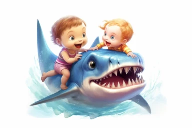 cute baby shark playing with siblings, Clipart, On White Background, Spaced out