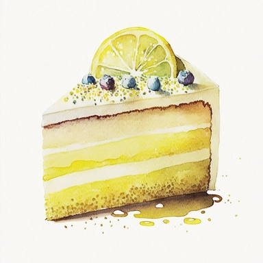Watercolor one lemon cake slice Clipart, citrus lemon, vibrant color, high details, white background, no text
