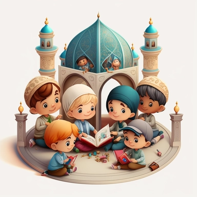 Two cute male children with a group of children, sitting in a circle for memorizing the Qur’an inside mosque, light and shadow,3d Cartoon character, full color, detailed photo, , clipart drawing, clipart image, high definition drawing, clean colors, balanced colors, detailed drawing, 8k,