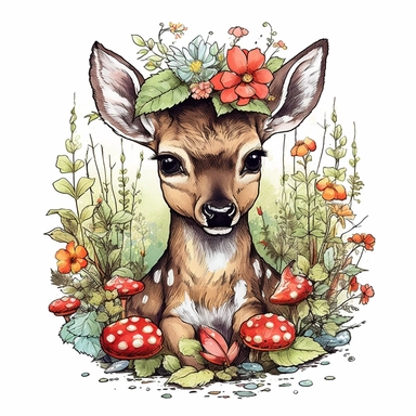 adorable baby deer, full body With Flower Wreaths vibrant colors, red mushroom, outline black, highly detailed, oilpainting vintage style clipart white backround