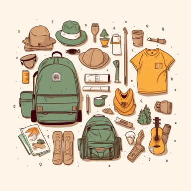 summer Camping clothing, simple color palette, a selection of camping equipment laid out, graphic style, Vector Line Art, l minimalistic logo, minimal, korean illustration style clipart art supply theme cute on white background