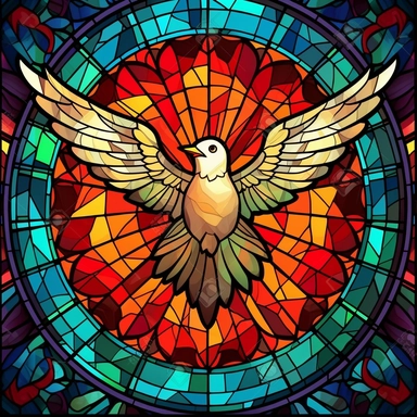 a beautiful dove flying downward, holy spirit, catholic art, on fire, burning with flames, stained glass window Fantasy mystical clipart