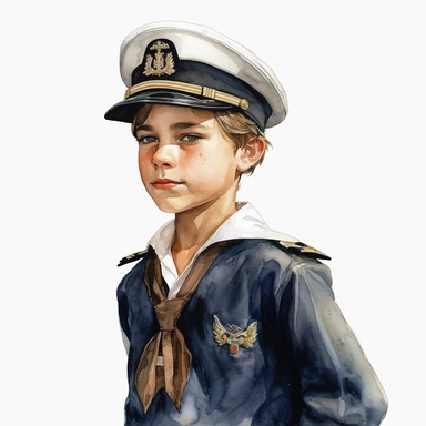 young ship captain, watercolor, clipart, hyperrealistic, white background