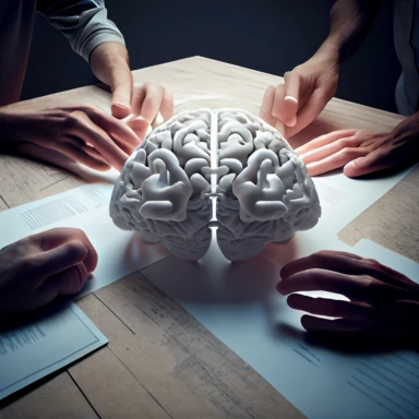 four human hands pointing (in discrimination), towards a realistic prototype human brain on a table in a well lit modern study with wide windows, , 8k ultra realistic 64bit color depth, people looking down on him, he is sitting in a calm modern and calm toned study, emotional conveyance , 3d clipart