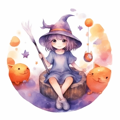 a young witch is standing in a magic circle with a magic wand in her hands, very cute demons are squatting around the circle, watercolor clipart, light colors, isolated white background, 8k –v 5