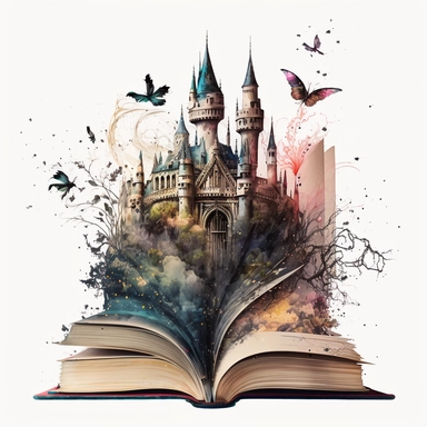 an opened book clipart with its pages that transform into a grand, enchanted castle with soaring towers and magical inhabitants, fantasy, mystical, magical, bella kotak style, vintage watercolor, 8k, full hd, Open Book Clip Art, ultra detail, white background