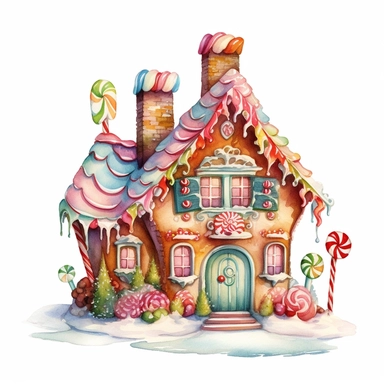 watercolor beautiful vintage Christmas gingerbread house candy house with icing fantasy clipart, whimsical, detailed watercolor style, on white background