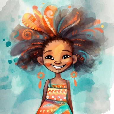 A joyful clipart portraying an African American girl with a charmingly textured hairstyle, adorned in fashionable and whimsical garments, set against a high-resolution and grey background, brought to life with the vibrant colors and free-flowing brushstrokes of a watercolor art style,