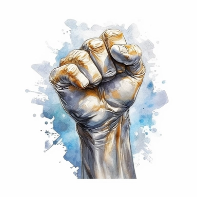 a delightful watercolor, hyper-realistic clipart image with a white background and white margins, showcasing a metal statue of a fist. The ultra-detailed, hand-drawn elements capture the silver fist and shiny details. Use whimsical touches to add a sense of roughness, and bold shades of gold and glass to evoke the strong nature of this classic symbol