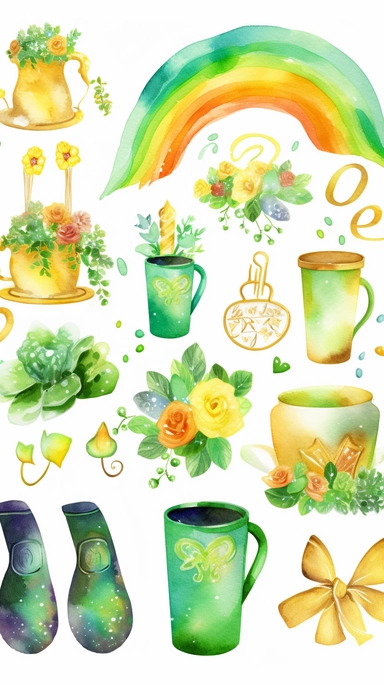a set of St. Patrick's Day clipart, featuring elements leprechaun hats, shamrocks, pots of gold, rainbows, horseshoes, and Celtic knots, watercolor clipart on white background