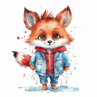 hand drawn, watercolor, water splash, cute baby fox wearing a red jacket, denim jeans fairy tale atmosphere, cute, lively, cartoon style, clipart,hd, on white background