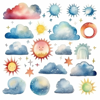 BUY 4 GET 50% OFF Watercolor Weather Clip Art - sun moon clouds rain snow lightning rainbow clipart & illustration - Commercial Use Ok