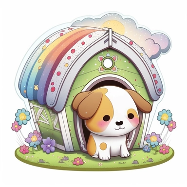 clipart with white background of a doghouse in the style of kawaii, fantasy and mystical