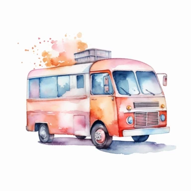 watercolour clipart of an ice cream truck without cone ice cream, isolated, white background