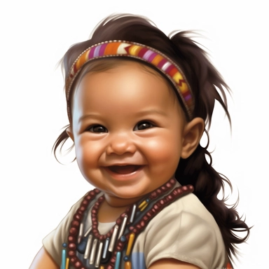 Adorable, cute, native american, baby girl, happy, smiling, wearing indian type beads around her neck, wearing an ethnic ribbon in her hair, extreme focus, professional artists rendition, no text, no logo, no name, no letters, Highly Detailed, clip art, white background, smooth edges, flawless Facial Features,