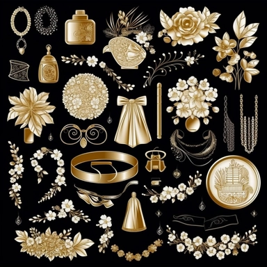 Create a set of 30 elegant shiny, blingy golden and soft, creamy white wedding-themed icons on a deep black background, perfect for digital clipart products and invitations. Include icons such as: Wedding Dress, Tuxedo, Wedding Rings, Bridal Veil, Floral Arrangements, Wedding Cake, Wedding Favors, Wedding Arch, Seating Chart, Wedding Program, Unity Candles, Champagne Glasses, Photo Booth, Props, Wedding Signage, Place Cards, Table Numbers, Bridal Bouquet, Groom's Boutonniere, Wedding Invitation,