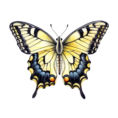 Pale Swallowtail Butterfly, clipart, pale yellow and black, watercolor style, solid white background