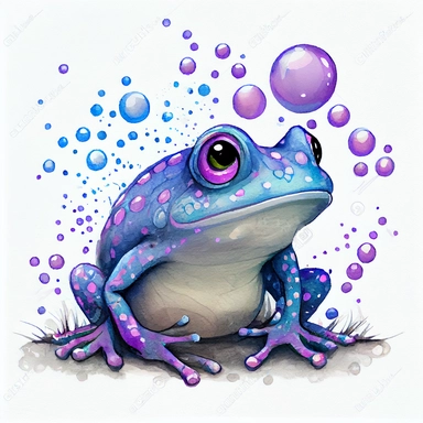 funny, dark and light blue and purple magic frog with funny dots, cartoon style, white background, black outside lines, designs, white background, watercolor pencil drawing, small details, digital art, clipart, super acurate, –testp, pixar,