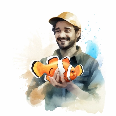 Adorable pet Clownfish having happy moment with it's human owner, water color style, clipart, white background