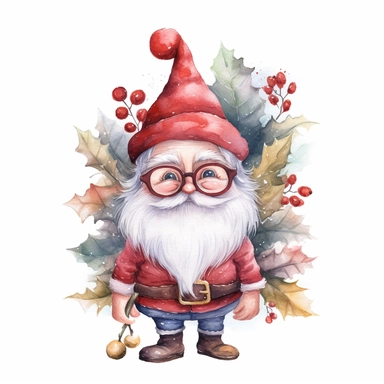 watercolor painting of cute santa smile cute big eyes wear big glasses, santa Full body, have small leaf Berries Plant Isolate on top Hat, cute detailed digital art, whimsical and cute, cute detailed artwork, glimmering, adorable and whimsical, whimsical art, Clipart style, png style, svg style