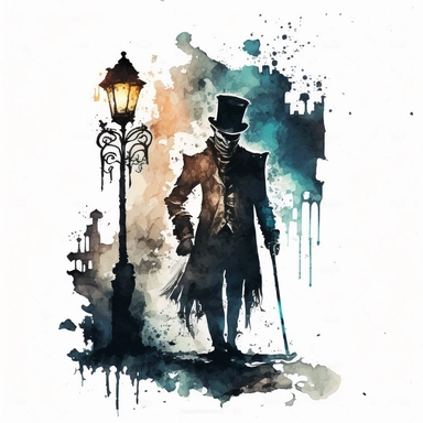 A haunting gothic watercolor clipart of a skeleton with a top hat and a cane, standing in a dark alley with flickering gas lamps, emphasizing the eerie and spooky atmosphere of the scene, Artwork, digital art with watercolor texture, white background, spaced out, fantasy