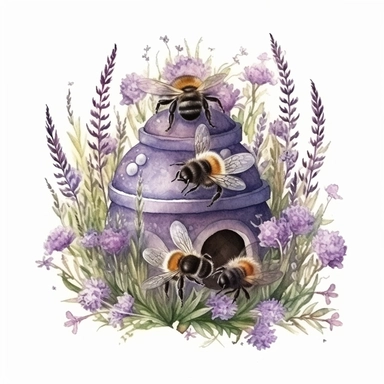 hand drawn beehive, bumblebees, purple flowers and grass, very detailed, very realistic, watercolor, clipart style