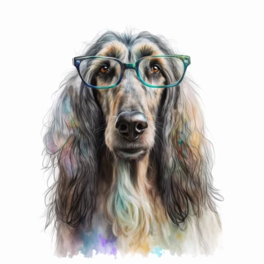 a watercolor painting of a Afghandog Hound COOL with glasses, clipart, white background