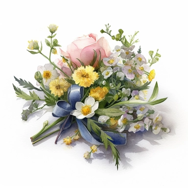 a simple gorgeous wildflowers and flowers corsage with ribbon and greenery on white background clipart, pastel pink, blue, and yellow color theme, watercolor painting realistic, high quality, vibrant, Vicente Romero Redondo, Willem van Aelst, Elsa Beskow