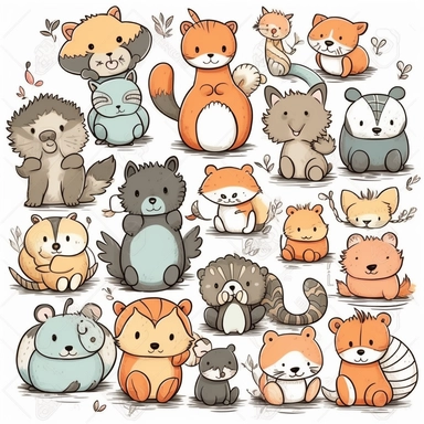kids cute furry friends animal clipart, doodle art, white background