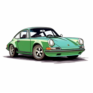 in clipart style, vector image, A meticulously crafted illustration of a green 1973 Porsche 911 Carrera RS , highlighting its iconic design and graceful contours, placed against pure white background (style: evoking the accuracy and refinement of classic automobile blueprints) (lighting: deliberate, directional lighting, casting gentle highlights and shadows on the car's structure) (colors: an elegant palette for the car's body set against a pristine, white backdrop) (composition: captured from 