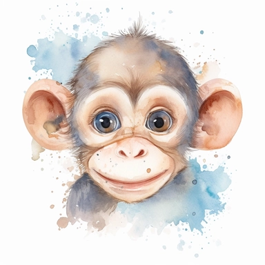 watercolor clipart, white background, cute and adorable playful monkey, perfect for stickers and print on demand, by François Boucher