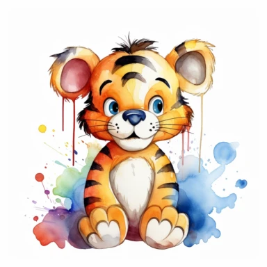 a colorful tigger with kind eyes clipart with watercolor illustration,full body shot,8k,etsy style, white background