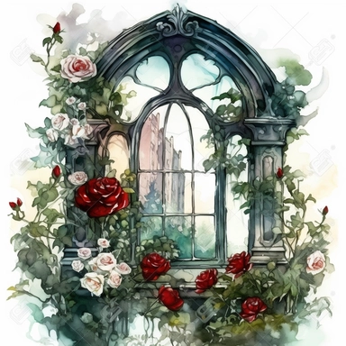a gothic victorian window, overgrown with very big white and red roses and a lot of green beautifully designed, very clear view on a detailed victorian city, in the style of dark intense colors, oh my god is this beautiful, watercolor, clipart, white background