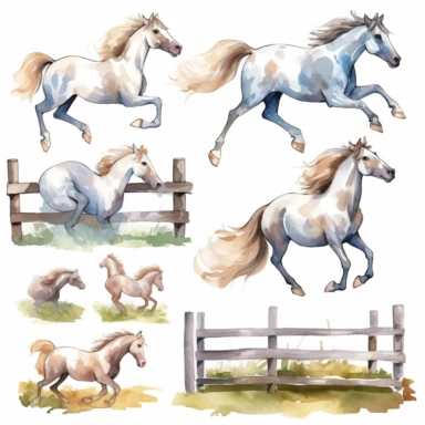 Watercolor horses racing in field , horse jumping over fence, illustrations clipart set, simple, white horse , cartoon elements, different variants , separate elements with a margin
