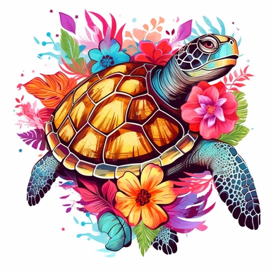 Vector Graphics turtle clipart Example: Midjourney image of a vector graphics turtle and flowers clipart with a white background