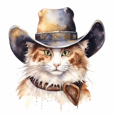 Manx Cat with cowboy hat, watercolor, sharp illustration clipart, insane detail, white background